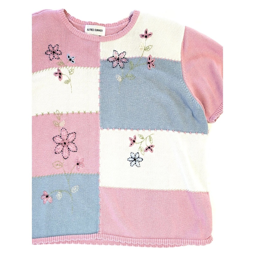 Alfred Dunner Pastel Floral Patchwork Knit Sweater Short Sleeve Pink Blue XL